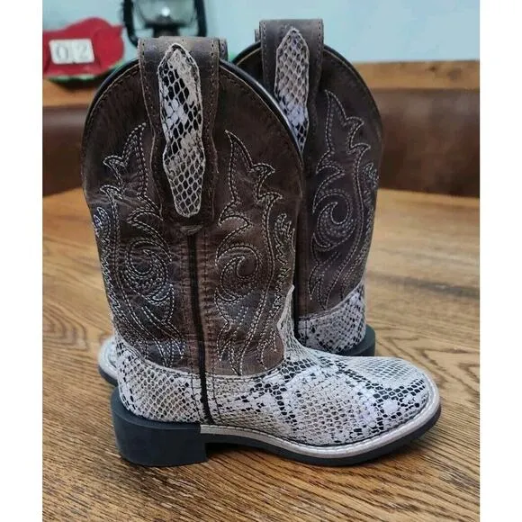 Smoky Mountain Youth Unisex Diamondback White/Brown Leather Cowboy Boots 9