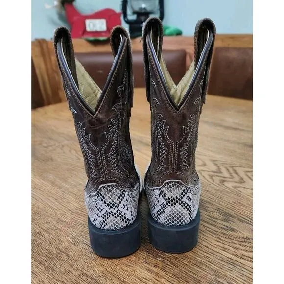 Smoky Mountain Youth Unisex Diamondback White/Brown Leather Cowboy Boots 9