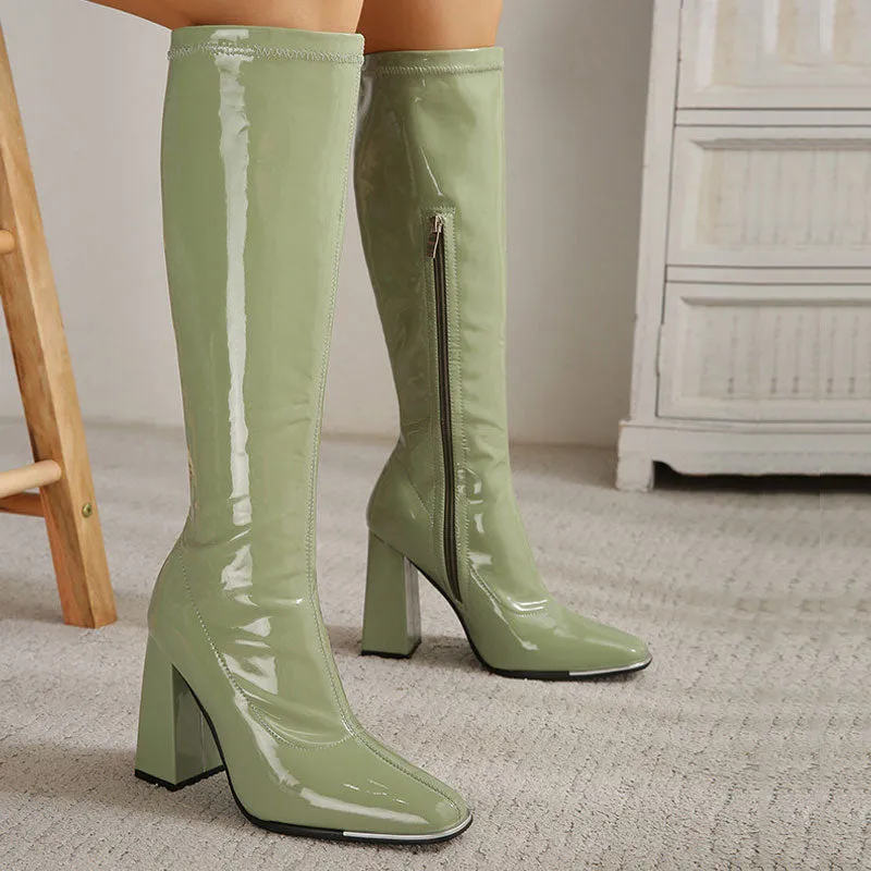 Square Toe Patent Leather Block Heel Knee High Boots - Olive Green