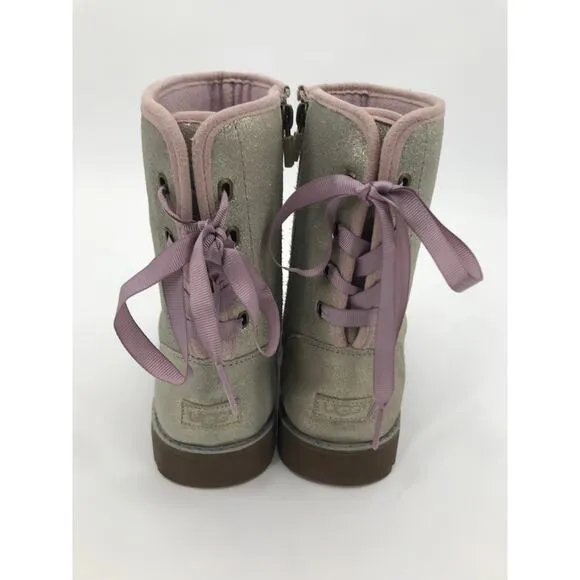 UGG Girls Corene Silver Metallic Suede Pink Lace Up Boots Size 6