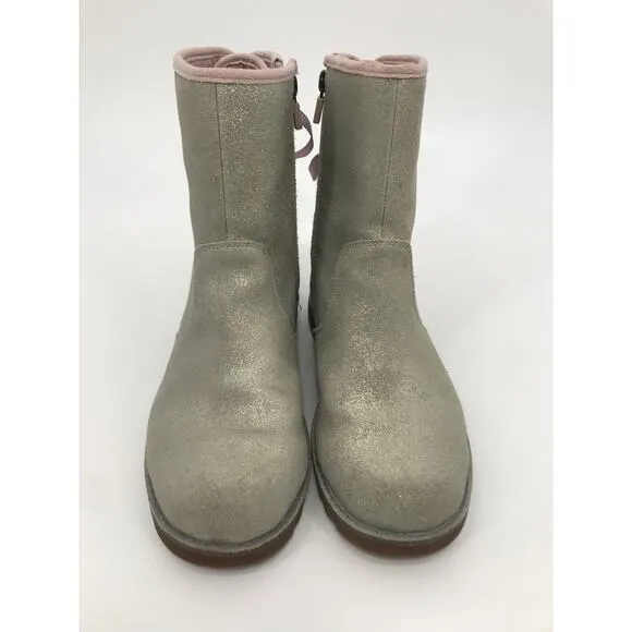 UGG Girls Corene Silver Metallic Suede Pink Lace Up Boots Size 6