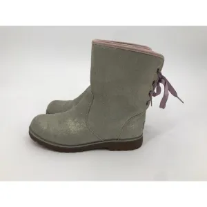 UGG Girls Corene Silver Metallic Suede Pink Lace Up Boots Size 6