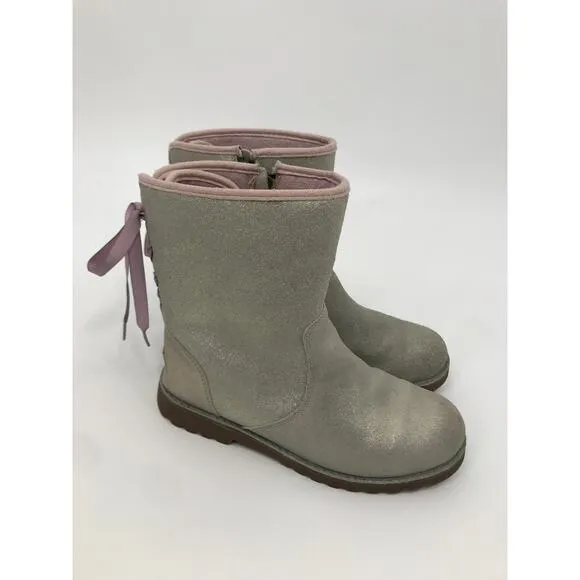 UGG Girls Corene Silver Metallic Suede Pink Lace Up Boots Size 6