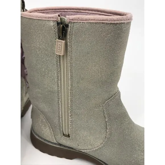 UGG Girls Corene Silver Metallic Suede Pink Lace Up Boots Size 6