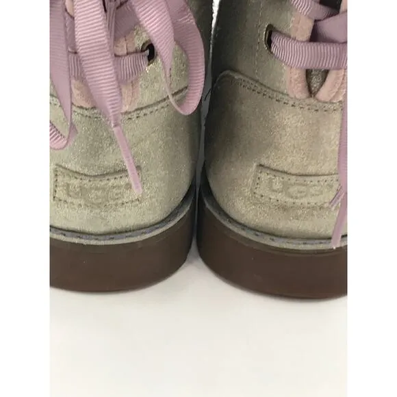 UGG Girls Corene Silver Metallic Suede Pink Lace Up Boots Size 6