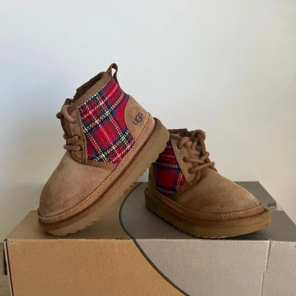 Ugg Neumel II Red Plaid/Chestnut Suede Toddler Boots- SZ 9 C