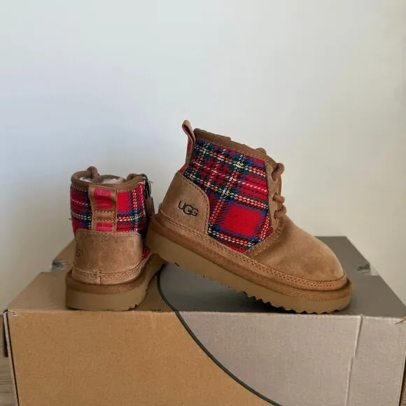 Ugg Neumel II Red Plaid/Chestnut Suede Toddler Boots- SZ 9 C