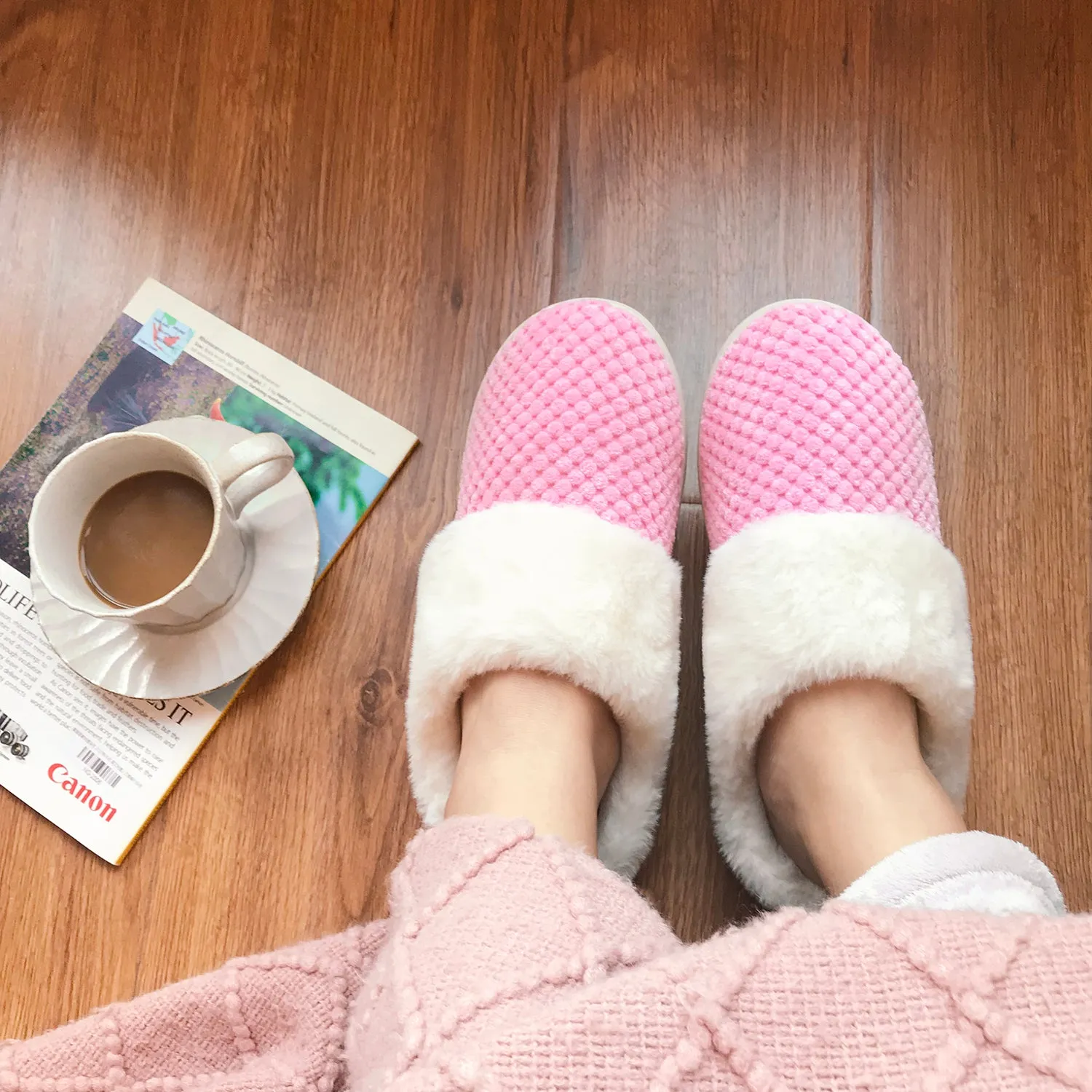 VONMAY Women's Slippers House Shoes Fleece Fuzzy Plush Lining Comfort Memory Foam Slip On Clog Coral Indoor/Outdoor