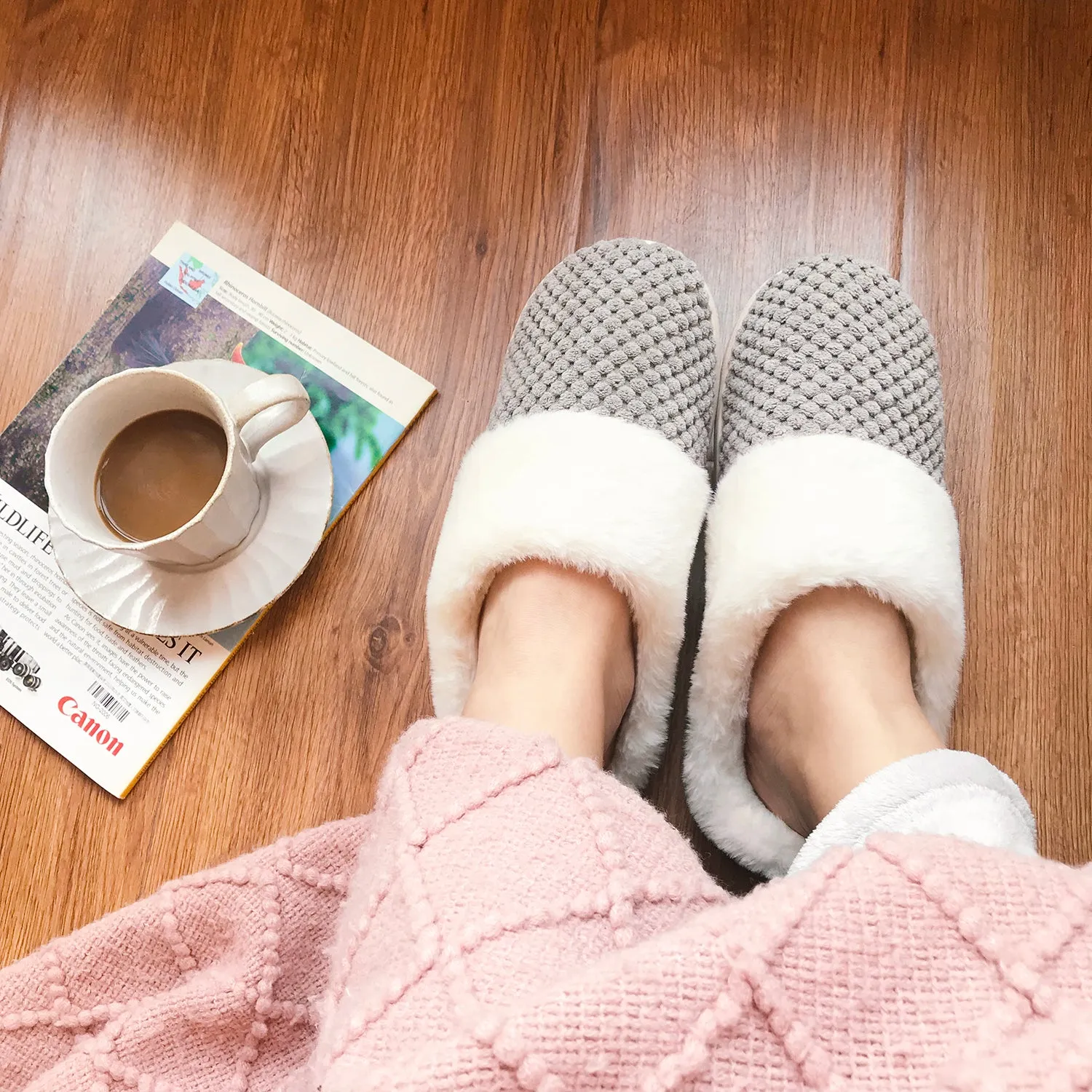 VONMAY Women's Slippers House Shoes Fleece Fuzzy Plush Lining Comfort Memory Foam Slip On Clog Coral Indoor/Outdoor