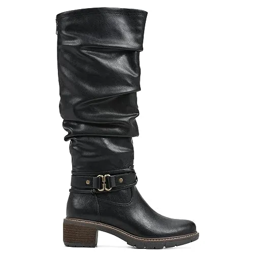 WHITE MOUNTAIN Women's Shoes Crammers Stack-Heeled Tall Boot, Black/Burn/Smooth, 6 M