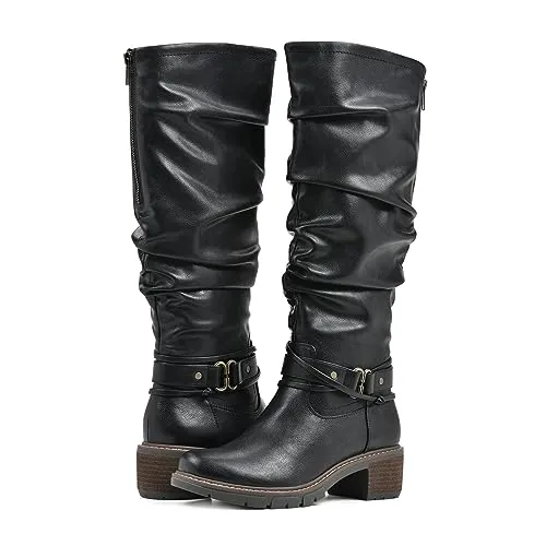 WHITE MOUNTAIN Women's Shoes Crammers Stack-Heeled Tall Boot, Black/Burn/Smooth, 6 M