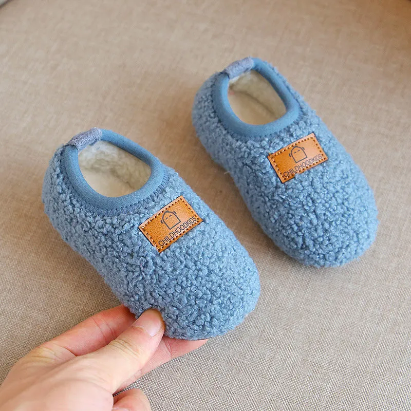 Winter Fleece-lined Children Slippers Baby Cotton Slippers Packing Root Female Child Infant Indoor Fur Men's Non-Slip