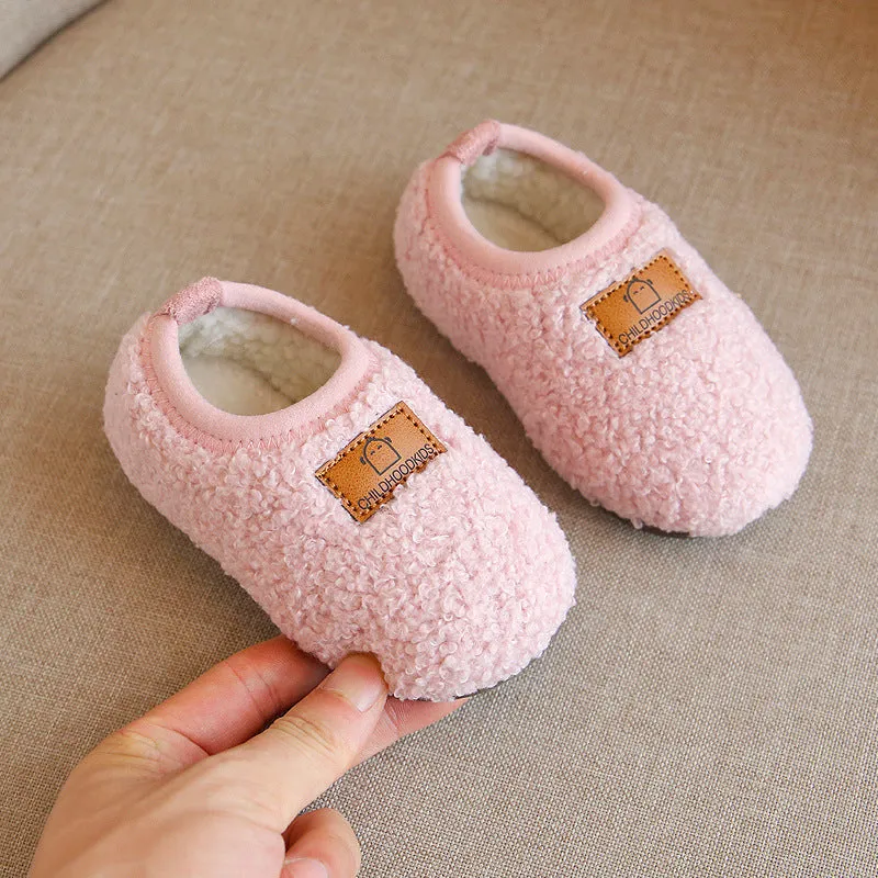 Winter Fleece-lined Children Slippers Baby Cotton Slippers Packing Root Female Child Infant Indoor Fur Men's Non-Slip