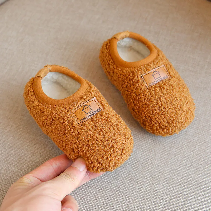 Winter Fleece-lined Children Slippers Baby Cotton Slippers Packing Root Female Child Infant Indoor Fur Men's Non-Slip