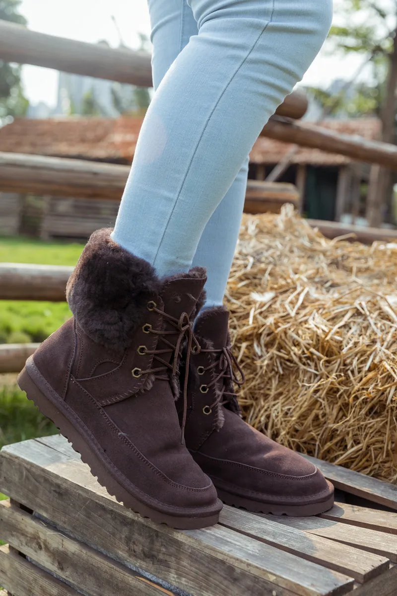Wool Lined Suede Tie Up Boots â€?Chocolate