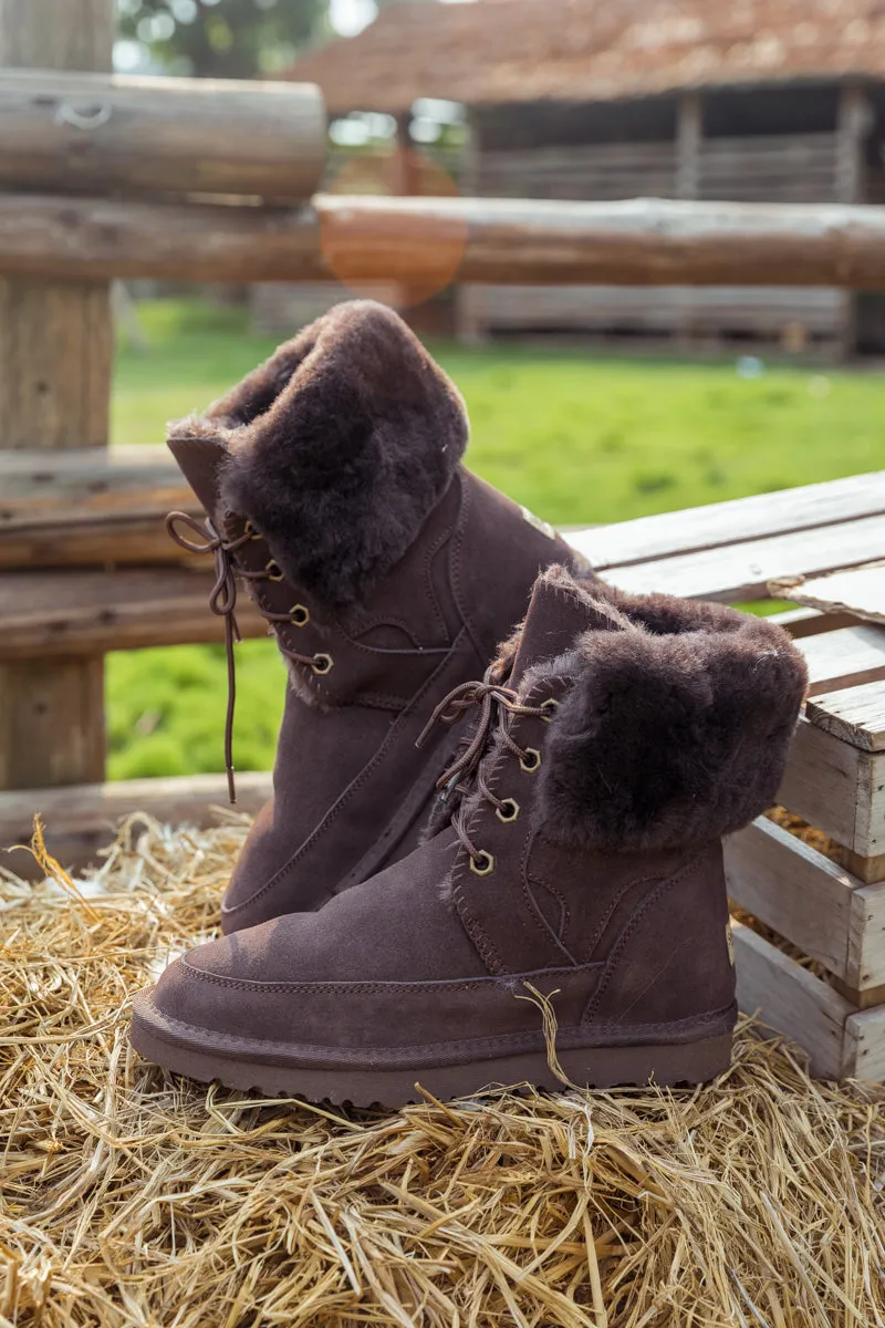 Wool Lined Suede Tie Up Boots â€?Chocolate