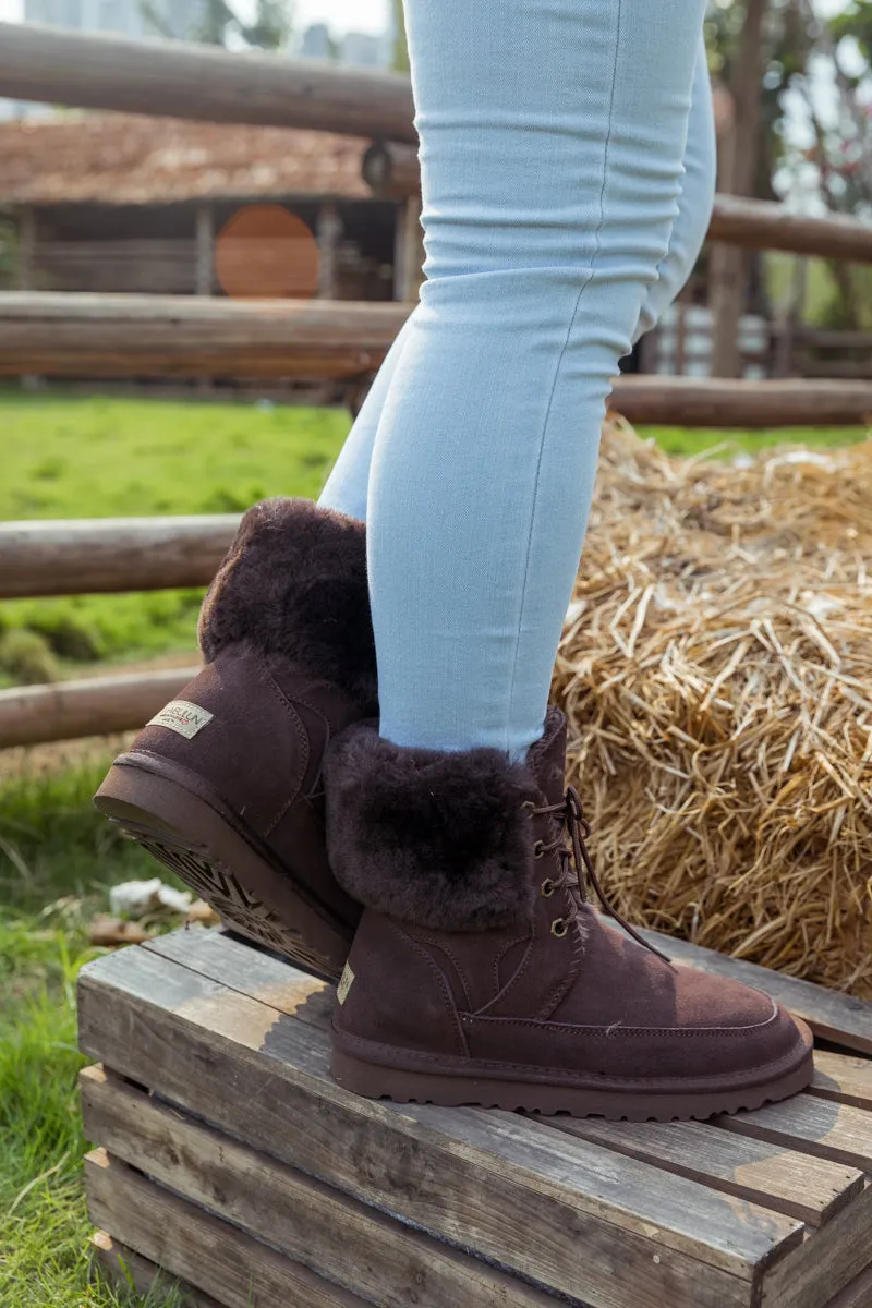 Wool Lined Suede Tie Up Boots â€?Chocolate