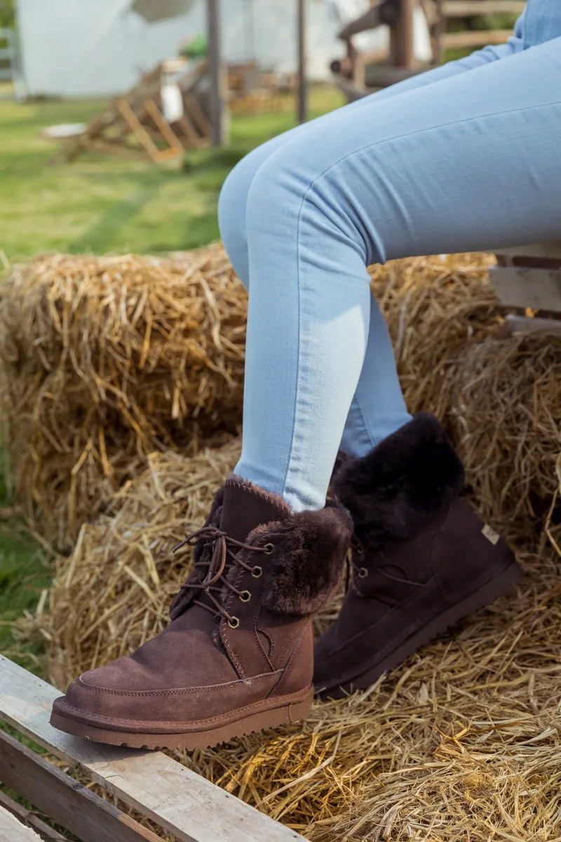 Wool Lined Suede Tie Up Boots â€?Chocolate