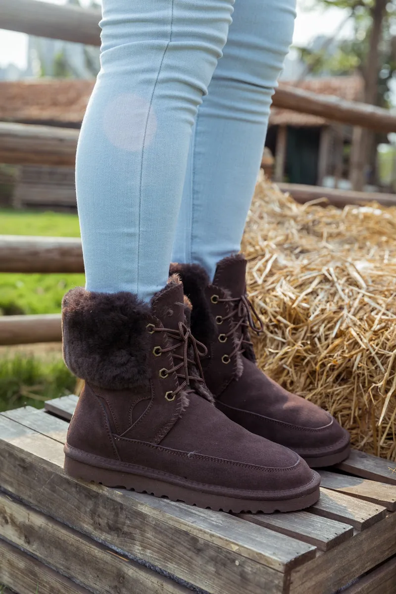 Wool Lined Suede Tie Up Boots â€?Chocolate