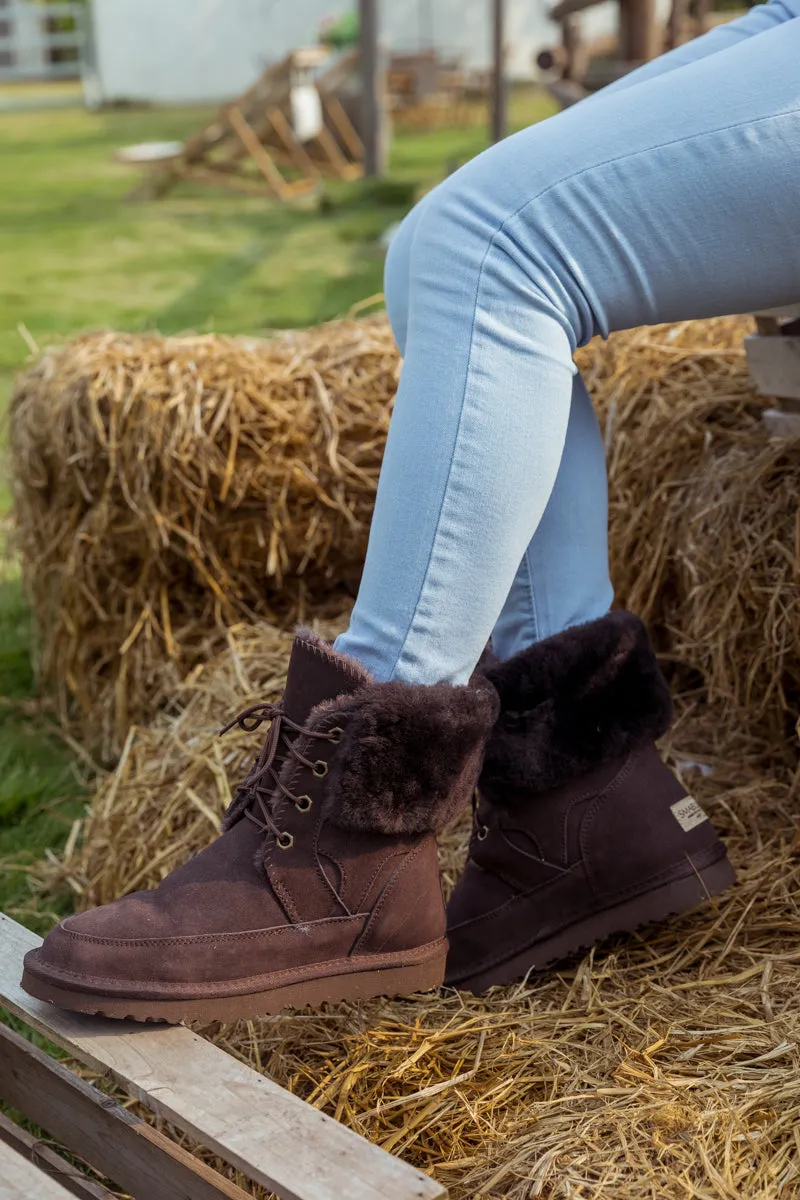 Wool Lined Suede Tie Up Boots â€?Chocolate