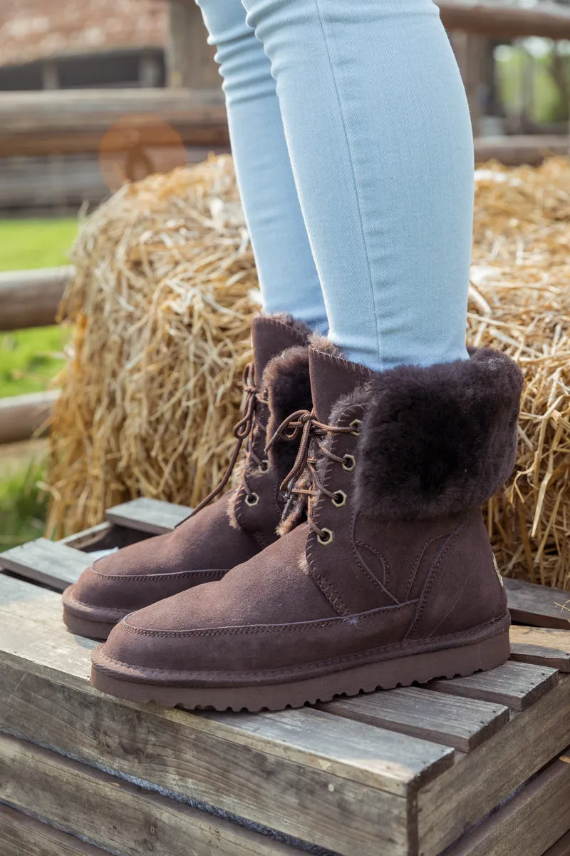 Wool Lined Suede Tie Up Boots â€?Chocolate