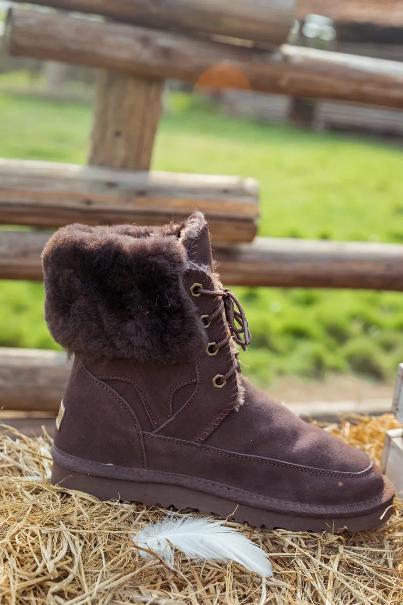 Wool Lined Suede Tie Up Boots â€?Chocolate