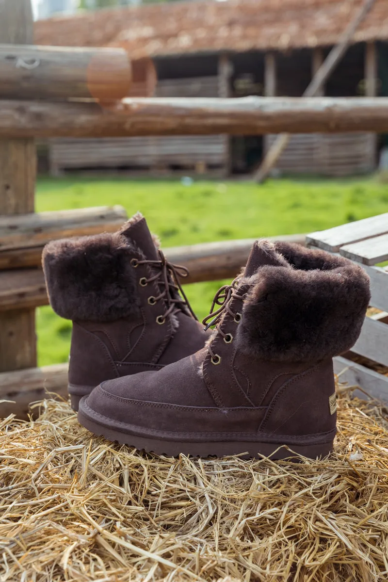 Wool Lined Suede Tie Up Boots â€?Chocolate