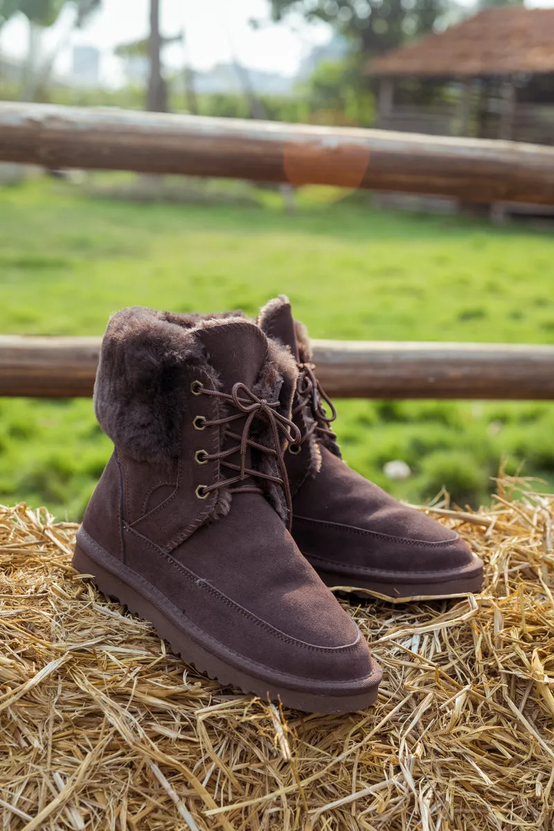 Wool Lined Suede Tie Up Boots â€?Chocolate
