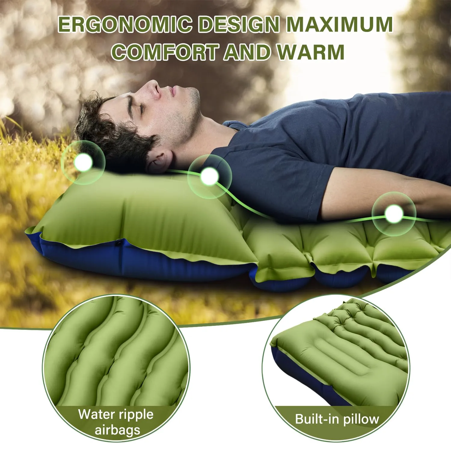 Yuzonc Camping Sleeping Pad, Ultralight Camping Mat with Pillow Built-in Foot Pump Inflatable Sleeping Pads Compact for Camping Backpacking Hiking Traveling Tent
